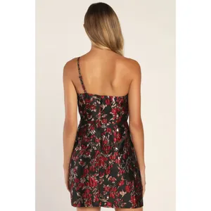 NWT Womens Size Small Lulu's Black Red Floral Jacquard One-Shoulder Mini Dress thumbnail 3