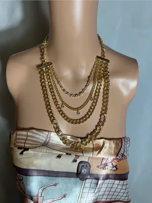 Source Unknown Gold Tone Layered Chain Statement Necklace Rhinestone Teardrop Bib thumbnail 4