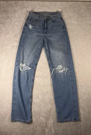 American Eagle High Rise Baggy Jean Blue Women's Jeans‎ Size 6 Distressed thumbnail 1
