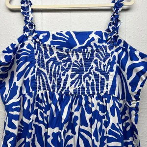 H&M Babydoll Midi Dress Womens XL Smocked Beachy Coastal Nautical Travel Island thumbnail 9