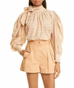 Ulla Johnson Petra Tie Neck Puff Sleeve Blouse Fawn Neutral Top Size 0 thumbnail 1