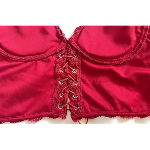 Red Lace Corset Crop Top – Zipper Back, Faux Leather Tie thumbnail 8