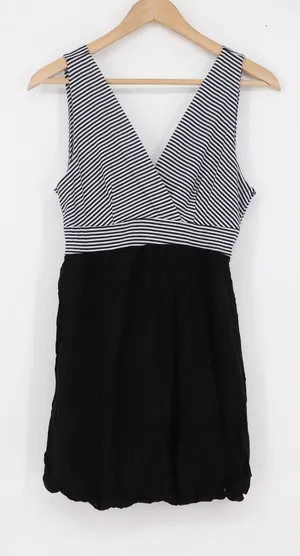 Joppa Womens Striped V-Neck Bubble Hem Mini Dress Black White Large USA thumbnail 1