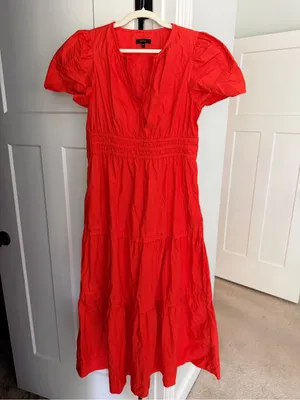 Quince 100% Organic Cotton Poplin Tiered Maxi Dress short sleeve Vermillion Red thumbnail 2