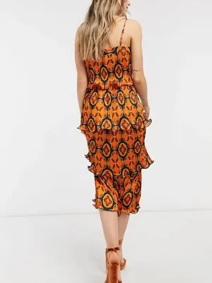 Never Fully Dressed Geometric Tiered Frill Midaxi Dress 10 Orange Transitional thumbnail 2