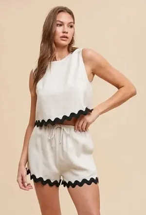 Anniewear linen set contrast trim scalloped beige tank crop top shorts neutral thumbnail 1