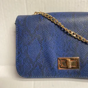Women's Blue Black Snakeskin Faux Leather Gold-Chain Strap Purse Shoulder Bag thumbnail 3