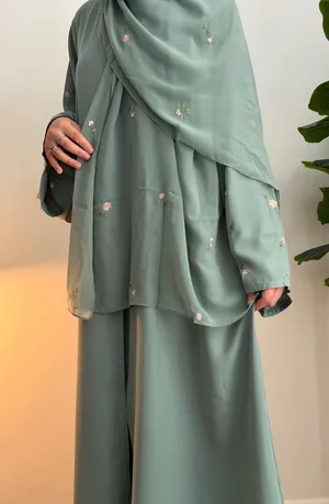 Teal Abaya Floral 2 Piece Green Size M thumbnail 1