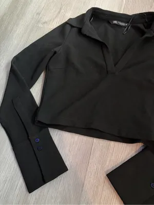 NEW Zara Black Collared Cropped Long Sleeve Top XS thumbnail 2