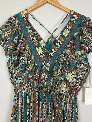 Boemo Ruffle Hem Mini Aztec Geometric Print Dress Flutter Sleeve Size Large NWT thumbnail 5