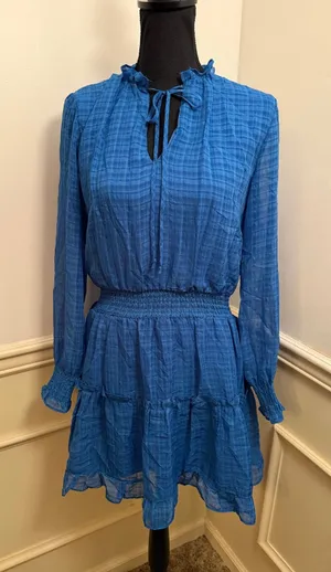 NSR Nordstrom Royal Blue Plaid Ruffle Mini Dress Smocked Waist Long Sleeve Boho thumbnail 1