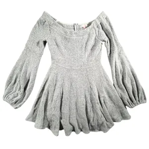 Luxxel Womens Large Gray Textured Knit Skater Mini Dress Bishop Sleeve Lined thumbnail 2
