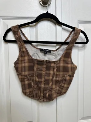 Brown Plaid Crop Top Hook and Eye Front Size Small | Grunge thumbnail 1
