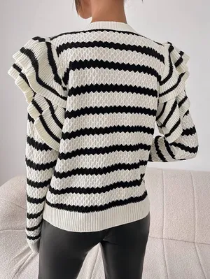 Shein Ruffle Shoulder Striped Knit Sweater thumbnail 2