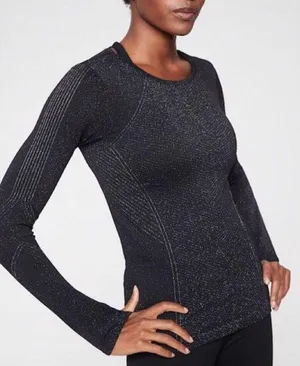Athleta Black Silver Metallic Glitter Flurry Shine Base Layer Top Size XS thumbnail 1
