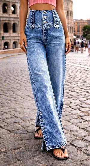 Casual High Waist Wide Leg Denim Jeans Button Down Calf Light Blue 10 thumbnail 1