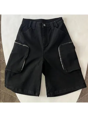 Black Y2K Skater Grunge Goth Edgy Long Cotton Denim Bermuda Shorts Zip Cargo S thumbnail 2