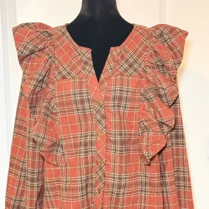 Entro Rust Plaid Wool Blend Ruffle Shoulder Top Large Boho Fall Contemporary thumbnail 2