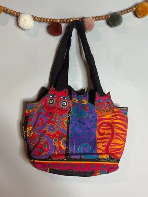 Laurel Burch colorful artistic cat tote bag thumbnail 1