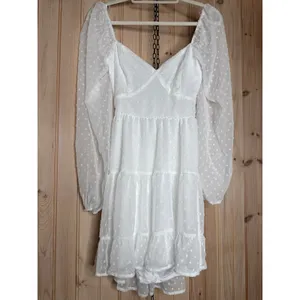 NWT Lulus Longing And Love White Swiss Dot Puff Long Sleeve Mini Dress Wedding L thumbnail 2