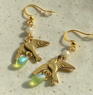 gold stainless bird cute retro vintage chic style dangle earrings 🕊️🩵 thumbnail 5