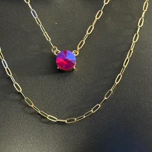 Gold tone layered iridescent hot pink gemstone pendant necklace thumbnail 2