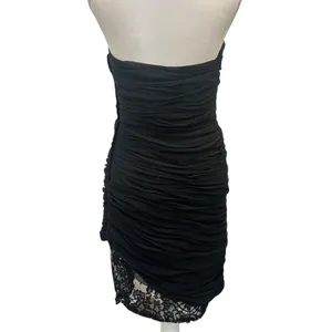Victor Costa Vintage 1980s Black Ruched Strapless Lace Hem Gothic Cocktail‎ Sz 6 thumbnail 4