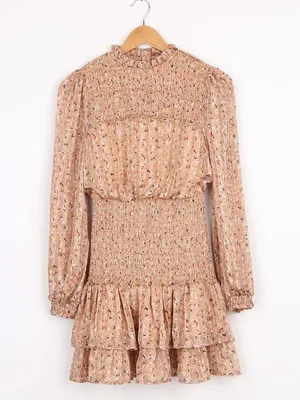 Lulu's Dash of Chic Tan Multi Print Smocked Long Sleeve Mini Dress size medium thumbnail 2