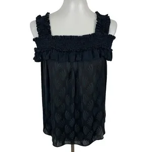 Anthropologie Black Smocked Ruffle Strap Sleeveless Textured‎ Boho Tank Top S thumbnail 2