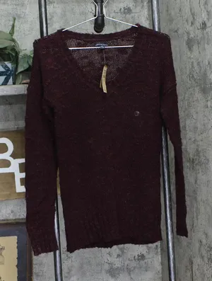 NWT American Eagle Acrylic Wool Open Knit Pullover Sweater V-Neck Berry Purple S thumbnail 1