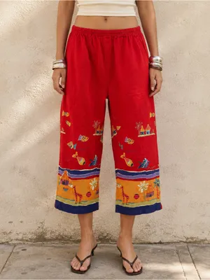 Vintage Y2K White Stag Red Wide Leg Capri Pants Cotton L Boho Resort thumbnail 2