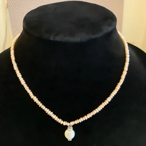 Sterling Silver NWOT & Faux Peach Pearl Necklace with Crystal Accent Pendant thumbnail 2