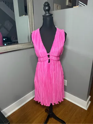 NWT Hello Molly Seen In plisse pleated textured tie pink Barbie mini dress small thumbnail 2