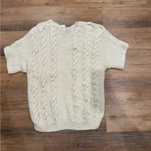 Cream Cable Knit Short-Sleeve Sweater homemade knit womens size xs ptp 17” L 24” thumbnail 6