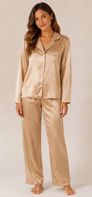Tan Satin Button Front Pajama Set Gold Size L thumbnail 1