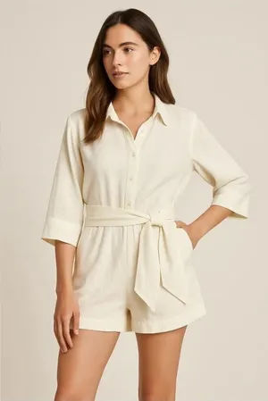 Free Assembly cream linen blend shorts romper jumpsuit belt button front Sz S thumbnail 1