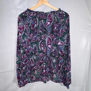 Talbots Womens Large Paisley Ruffle V-Neck Blouse Green Purple Long Sleeve Top thumbnail 2