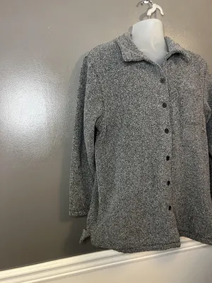 Talbots Jacket Womens Medium Gray Button Front Textured Fleece Shacket Made USA thumbnail 2