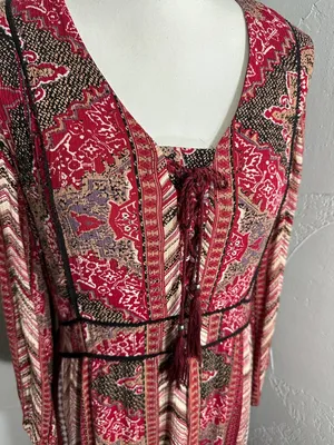 Reba Red & Brown Boho Tie-Front Long-Sleeve Midi Dress thumbnail 4