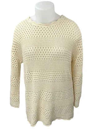 Anrabess Cream White Crochet Open Knit Long Sleeve Swim Cover Up Sweater Top XL thumbnail 1