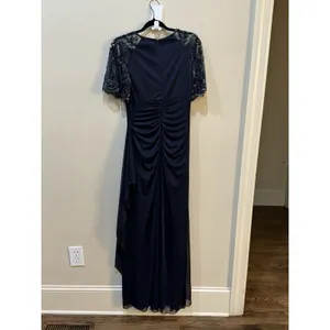Xscape Long Sheer Matte Jersey Ruched 3/4 Bead Sleeve‎ Navy 5059X Size 6 thumbnail 4