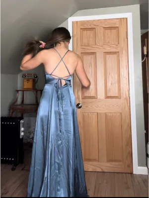 Blue satin prom dress with pockets thumbnail 3