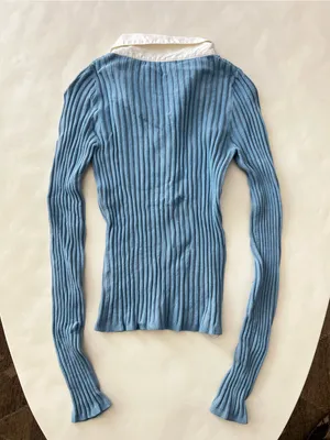 JJ Basics Vintage 90s Aqua Blue Thick Ribbed White Collar Longsleeve Top Large thumbnail 2
