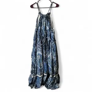 Blue Paisley Cotton Maxi Dress Halter Neck Tiered‎ Boho Sun Dress Women Large thumbnail 3