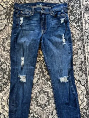 7 For All Mankind The Skinny Distressed 32 Med Wash Destroyed Stretch Jeans thumbnail 1