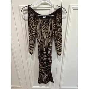 Vintage Cache Tiger Face Bodycon Dress Fierce Wild Brown & Gold‎ Ruched Stretch thumbnail 2