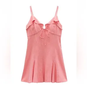 NWT Zara Coral Pink Linen Blend Mini Dress Ruffle Tie Front Size Small thumbnail 4