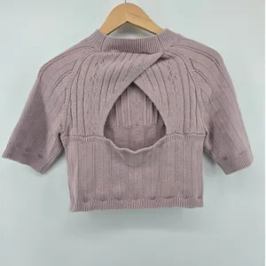 Free People Knit Top Womens L Mauve Around The Clock Open Back Pointelle Cropped thumbnail 2