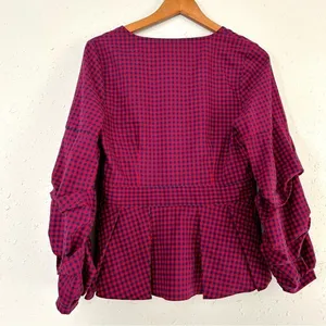 🦋 Allison Joy Red Blue Plaid Puff Sleeve Balloon Long Sleeve Peplum Blouse thumbnail 3