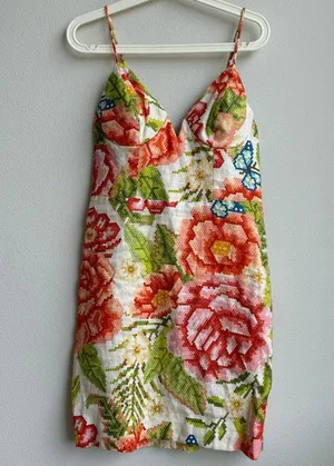 NWT Farm Rio Anthropologie Vintage Floral Deep V Mini Dress Size Medium Vacay thumbnail 1